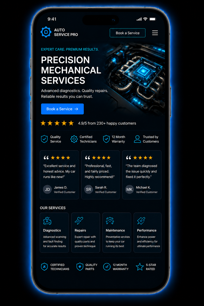 Concept mockup of a rebuilt auto repair centre website shown on a phone