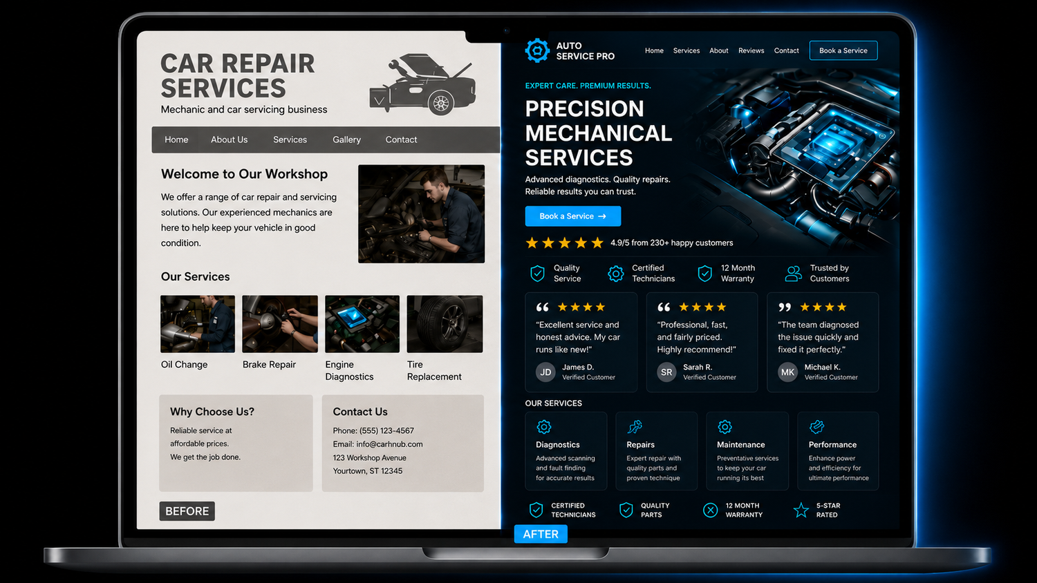 Concept mockup of a rebuilt auto repair centre website shown on a laptop