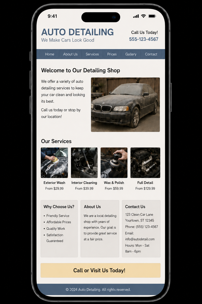 Concept mockup of an outdated detailing business website shown on a phone