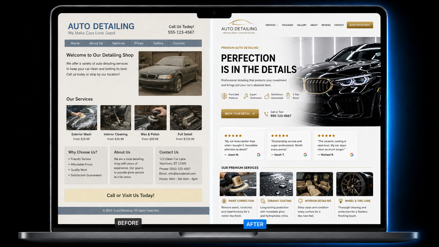 Concept mockup of a rebuilt premium detailing website shown on a laptop