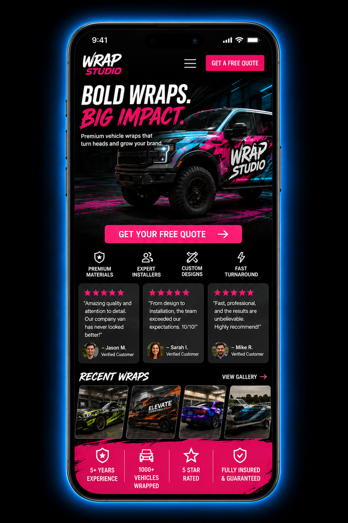 Concept mockup of a rebuilt vehicle wrap studio website shown on a phone