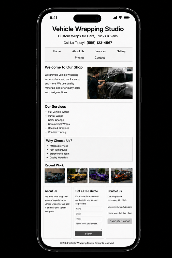 Concept mockup of an outdated vehicle wrap studio website shown on a phone