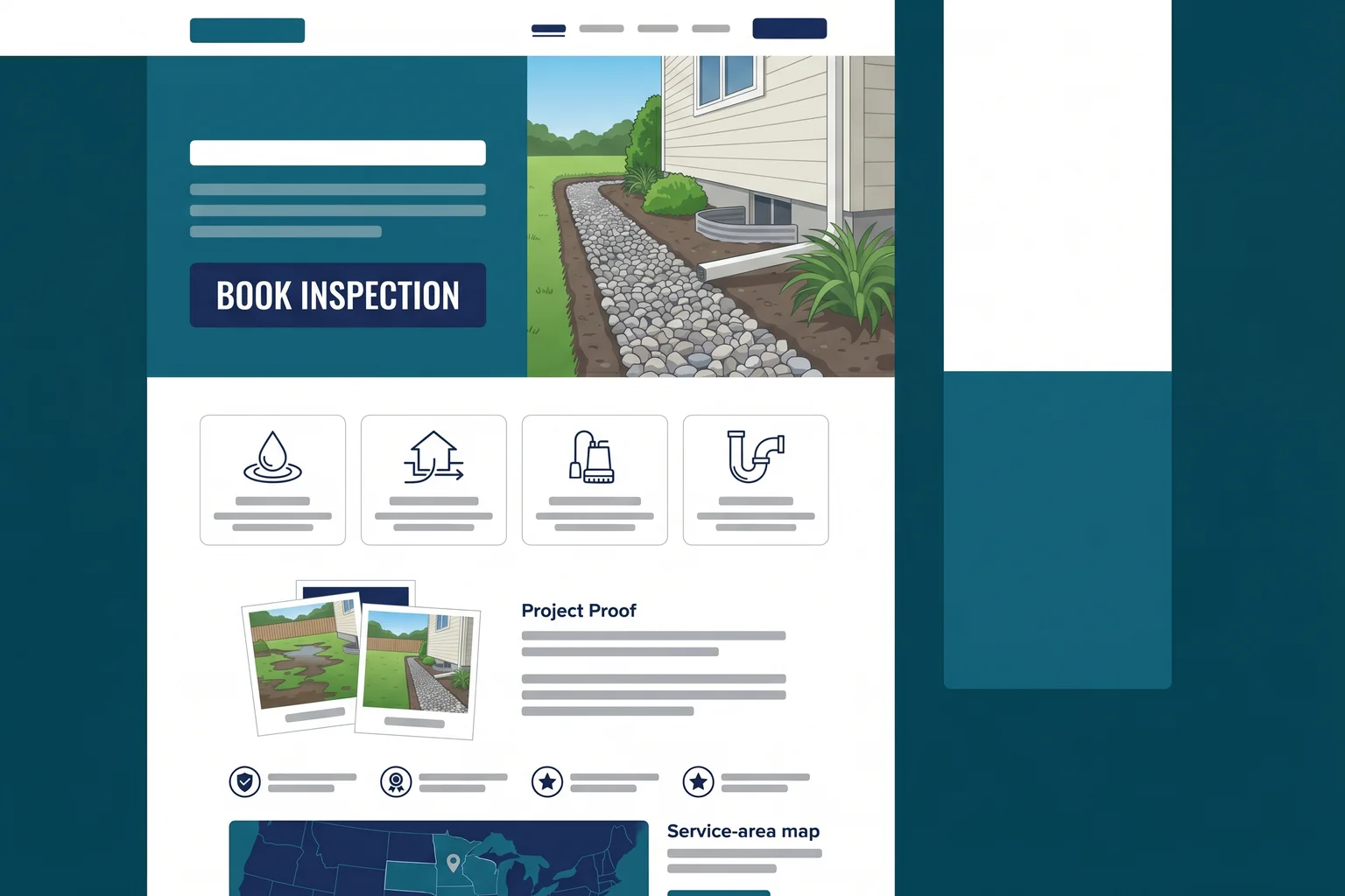 Concept mockup of a modern drainage and waterproofing website with structured services and a clear assessment call to action