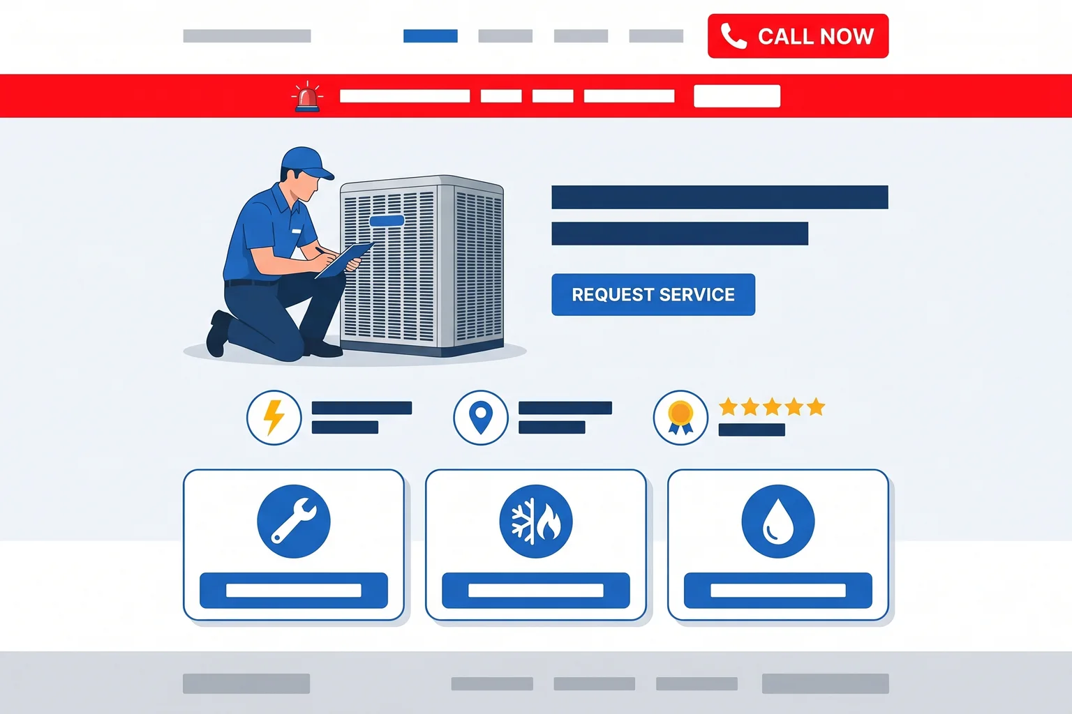 Concept mockup of a conversion-focused HVAC and plumbing website with a prominent 24/7 emergency call button and trust badges