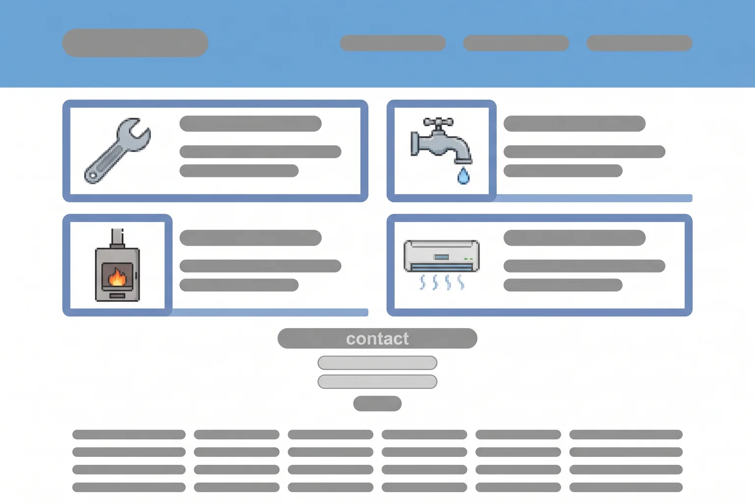 Concept mockup of a generic dated HVAC website with vague copy and no emergency call button