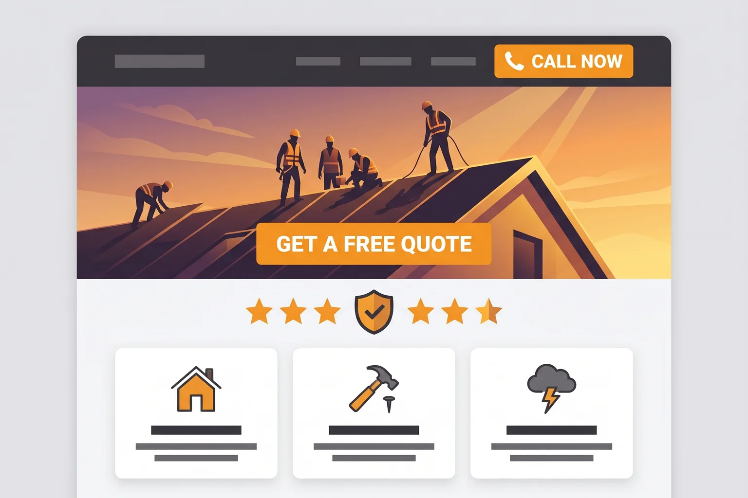 Concept mockup of a premium roofing company website with a bold hero, clear call button, and quote request panel