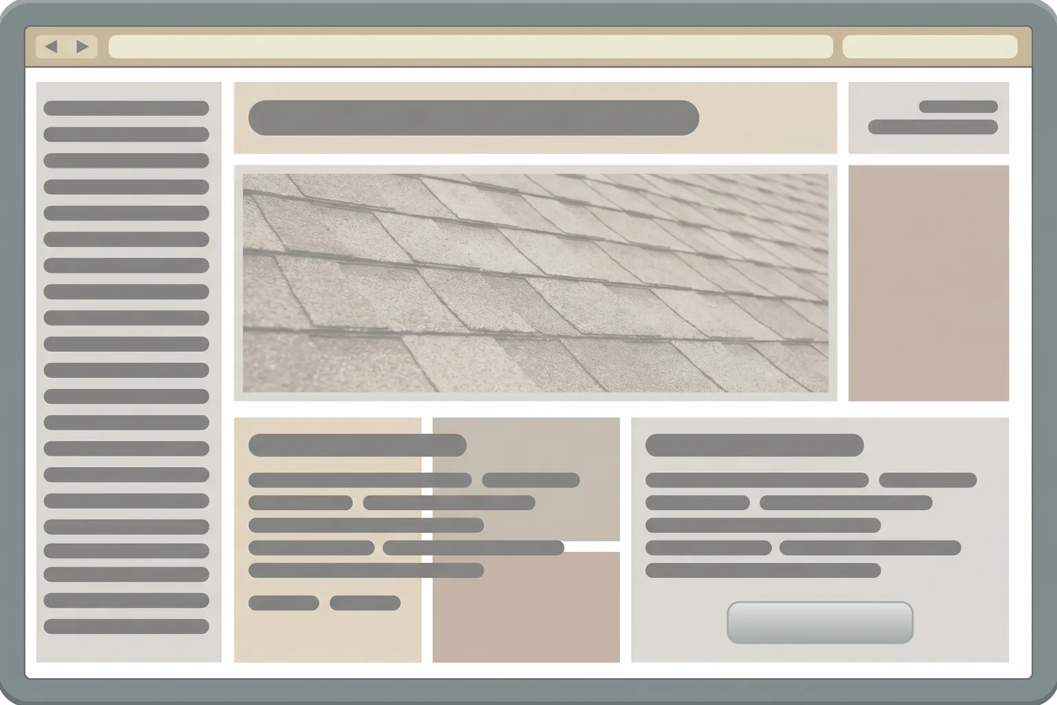 Concept mockup of an outdated roofing company website with a cluttered layout and buried phone number